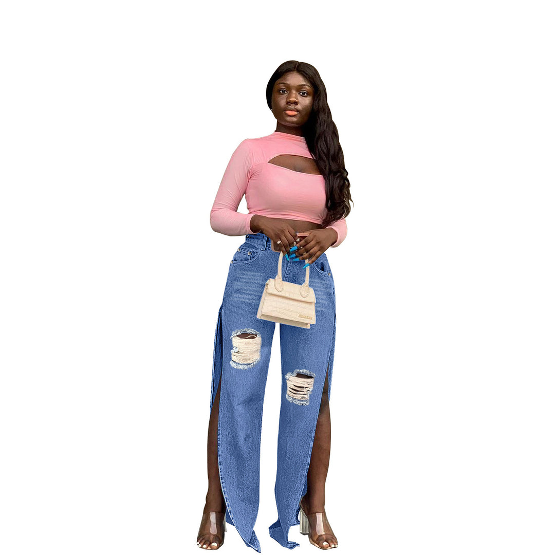 Ladies High-Waisted Wide-Leg Jeans with Knee Rips and Side Slits Mune Fashion