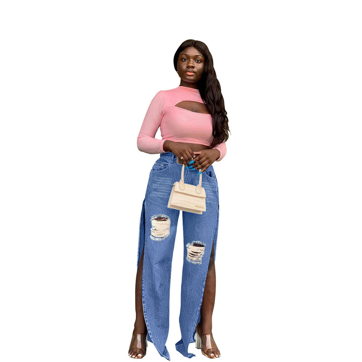 Ladies High-Waisted Wide-Leg Jeans with Knee Rips and Side Slits Mune Fashion
