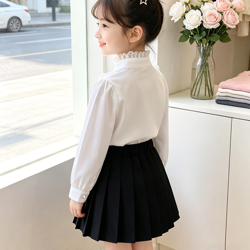 Girls elegant ruffle blouse with collar and matching pleated skirt Mune Fashion