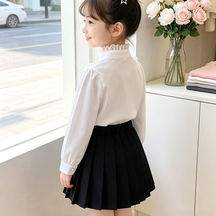 Girls elegant ruffle blouse with collar and matching pleated skirt Mune Fashion