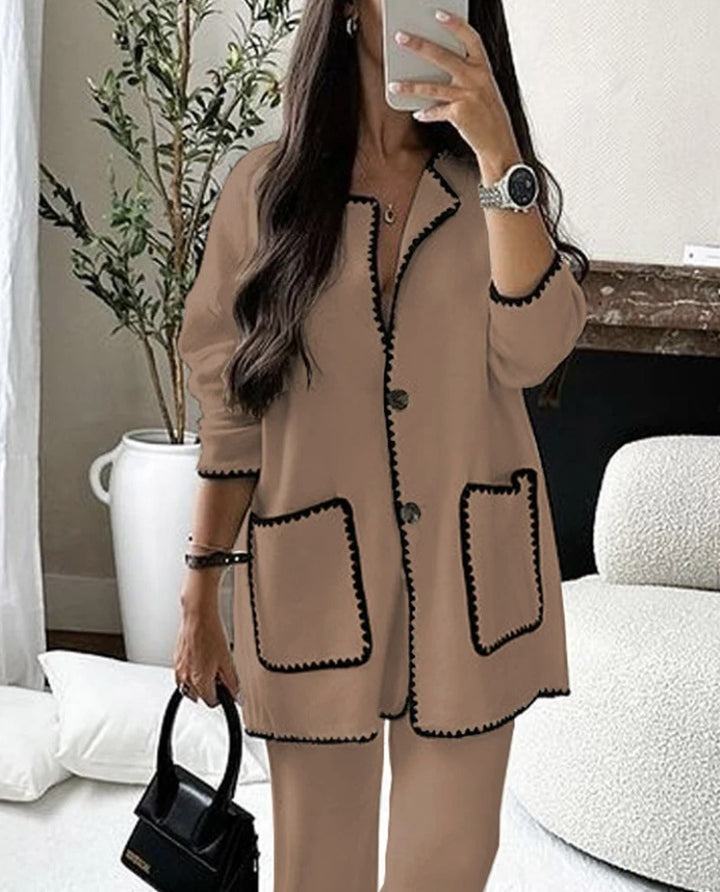 Women's longline knit set with contrast-trimmed cardigan and wide palazzo pants Mune Fashion
