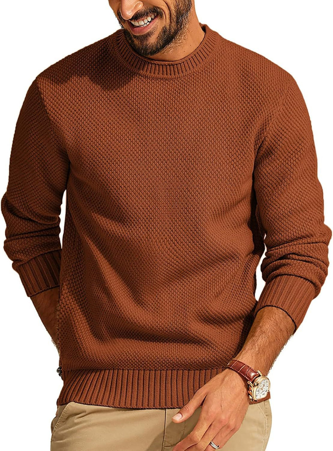 Men's Waffle Knit Sweater with Round Neck Mune Fashion