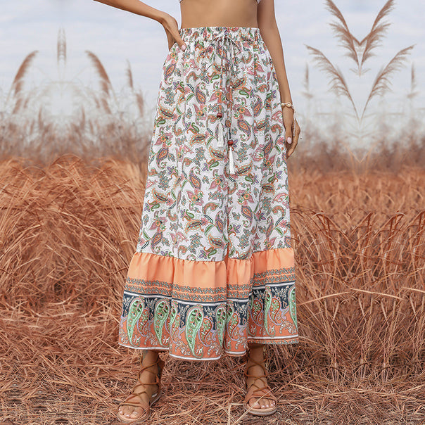 Women's Boho Maxi Skirt with Paisley Allover Print, Elastic Waistband, Drawstring and Ruffle Tier Mune Fashion