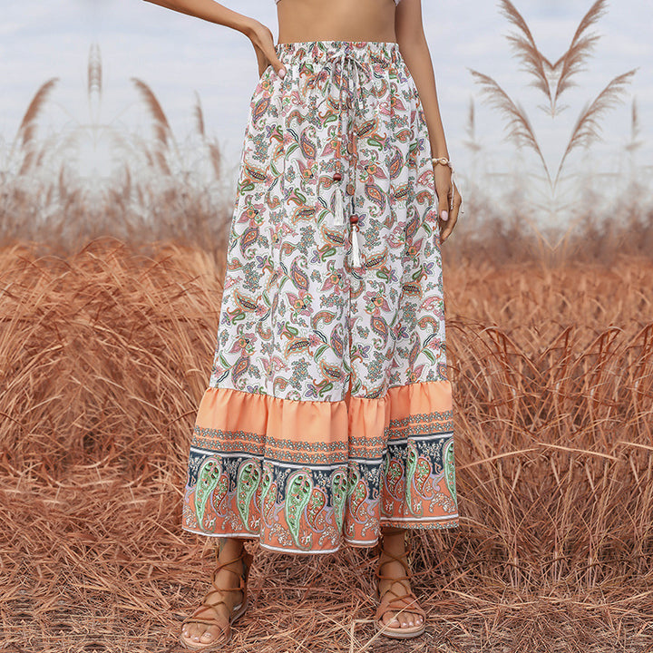 Women's Boho Maxi Skirt with Paisley Allover Print, Elastic Waistband, Drawstring and Ruffle Tier Mune Fashion