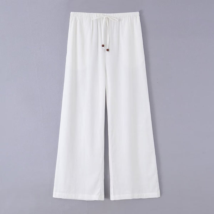 Women's Lightweight Loose Linen Look Pants with Elastic drawstring and Wooden beads Mune Fashion