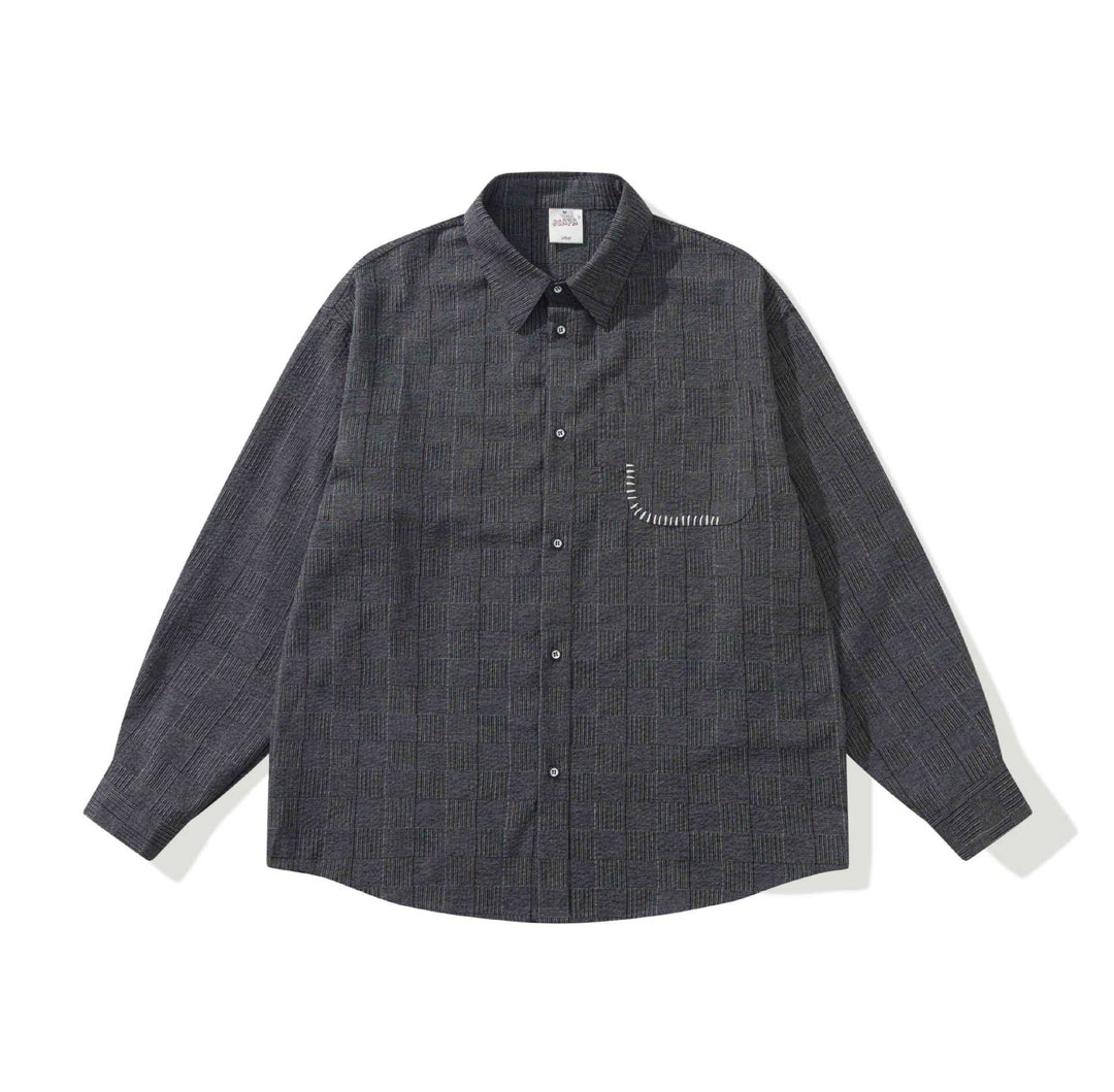Men's Long Sleeve Oversized Shirt with Textured Check Pattern Look and Decorative Stitch Mune Fashion