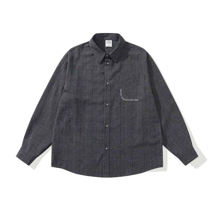 Men's Long Sleeve Oversized Shirt with Textured Check Pattern Look and Decorative Stitch Mune Fashion