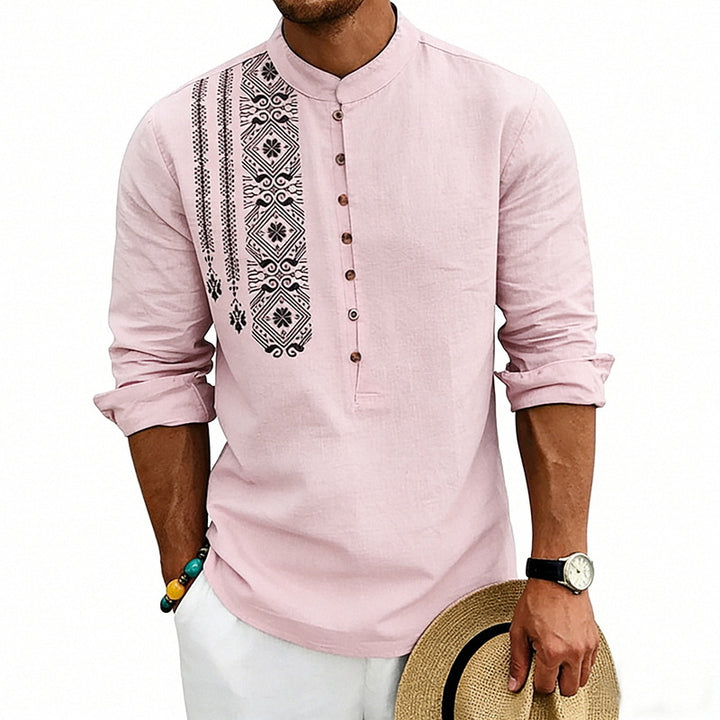 Men's embroidered linen henley shirt with stand-up collar and ethnic chest motif Mune Fashion