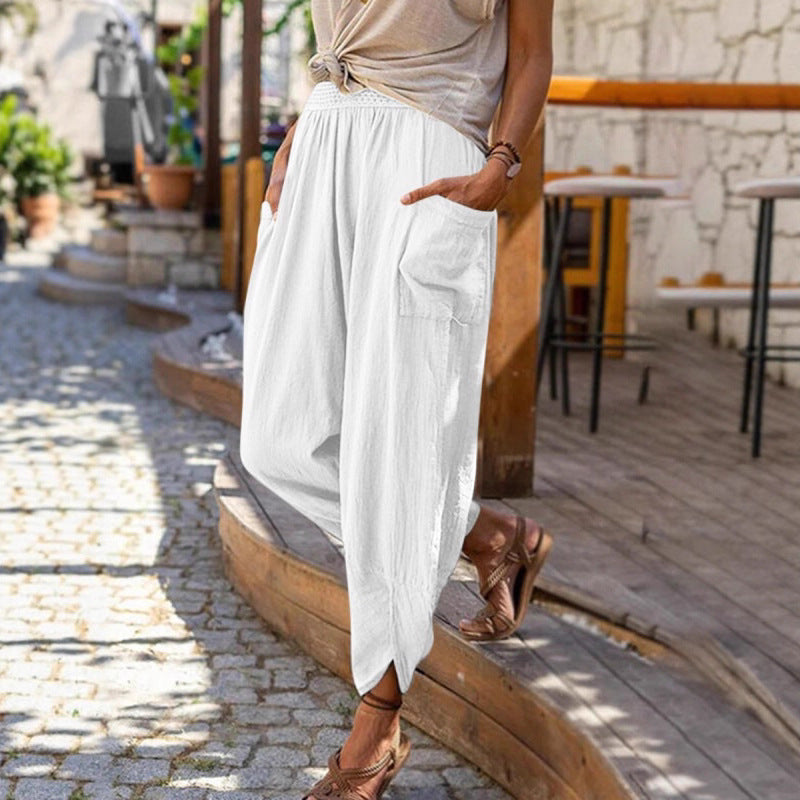 Women’s casual harem pants with elastic smock waistband, patch pockets, and gathered ankle cuffs Mune Fashion