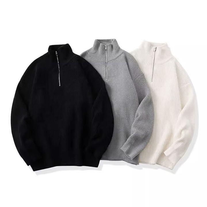 Unisex Relaxed Structure Knit Half-Zip Pullover with High Collar Mune Fashion