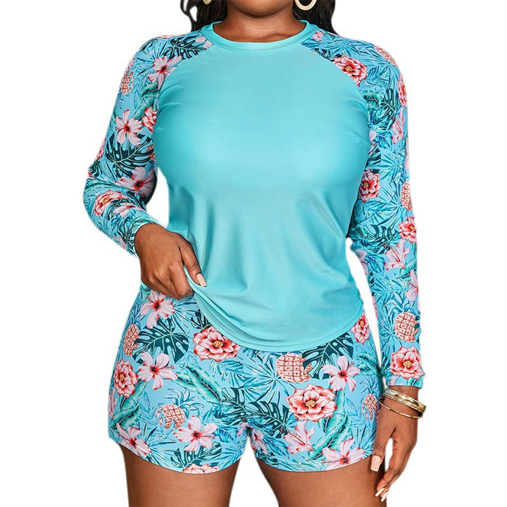 Women's Long Sleeve Swim Top with Floral Pattern and Shorts Mune Fashion