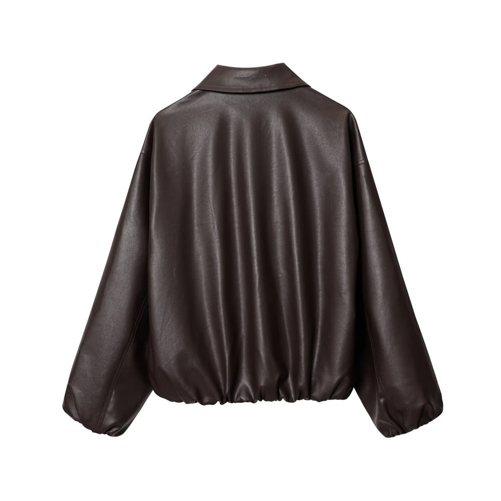 Women's short-cut oversized blouse jacket made of vegan leather with shirt collar and elastic hem Mune Fashion
