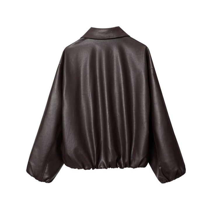 Women's short-cut oversized blouse jacket made of vegan leather with shirt collar and elastic hem Mune Fashion