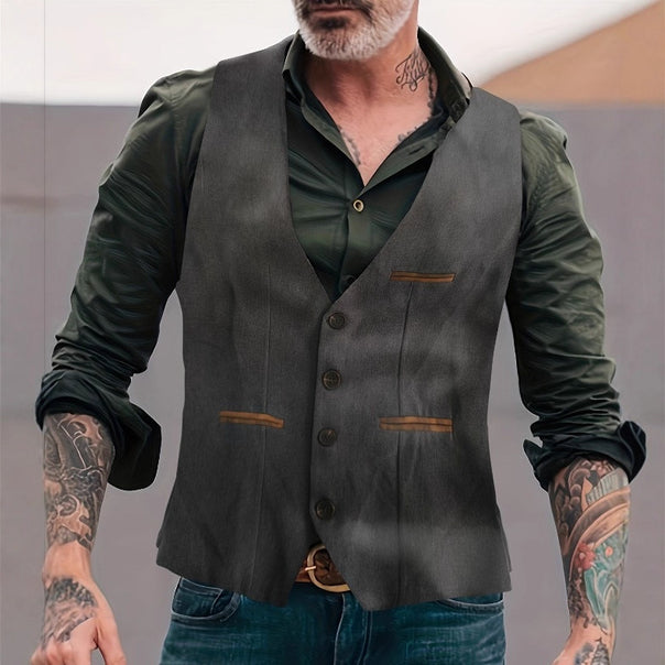 Men's vest made of textured fabric with V-neck, button placket, and decorative piped pockets Mune Fashion
