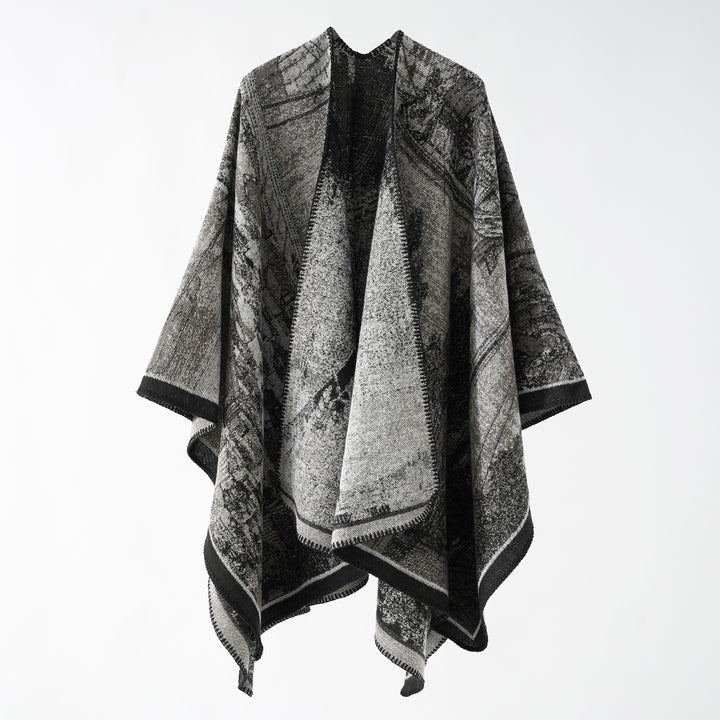 Women Oversize Ruana in boxy cape with jacquard woven structure and soft wool blend drape