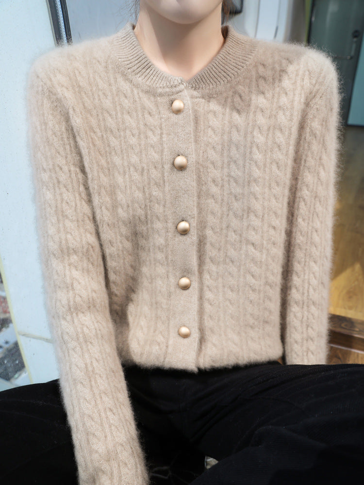 Women's Lightweight Cable Knit Cardigan in Mohair Look with Decorative Pearl Buttons Mune Fashion