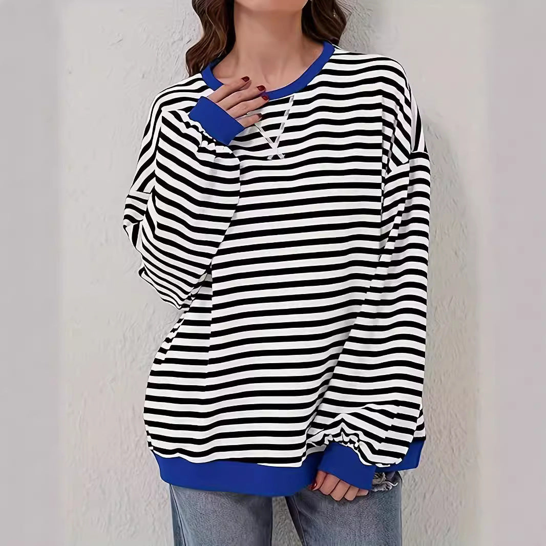 Women Striped Oversized Sweater with Contrast Cuffs Mune Fashion