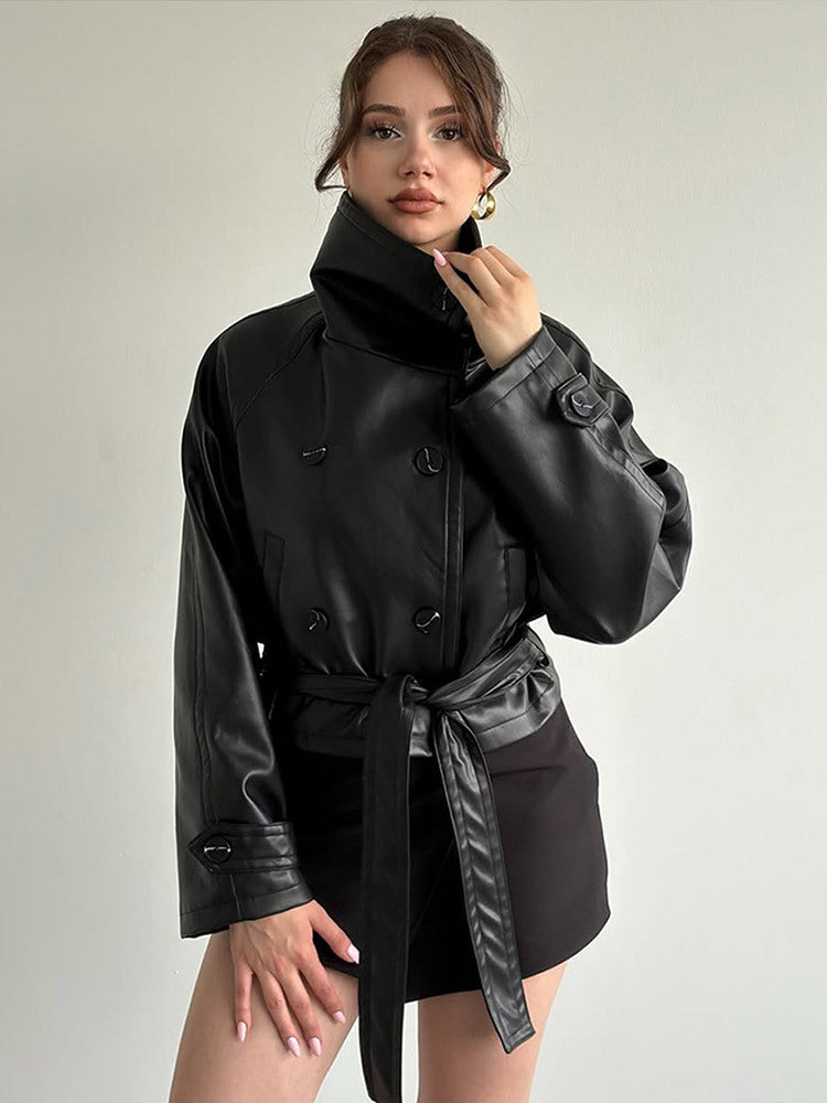 Women Tailored Short Blouson Jacket made of Imitation Leather with High Stand-up Collar and Ties Belt Mune Fashion