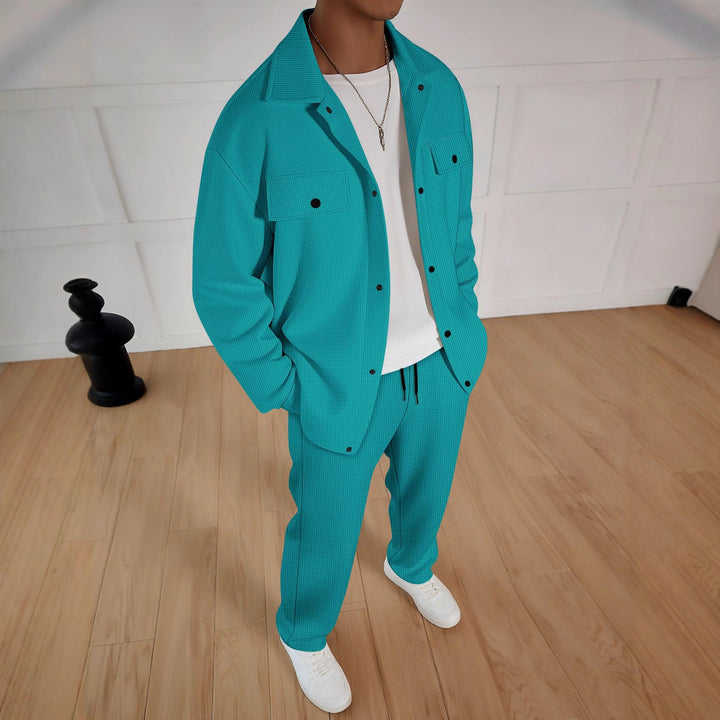 Men's two-piece overshirt lounge set with patch flap pockets, drawstring pants, and fine waffle texture Mune Fashion