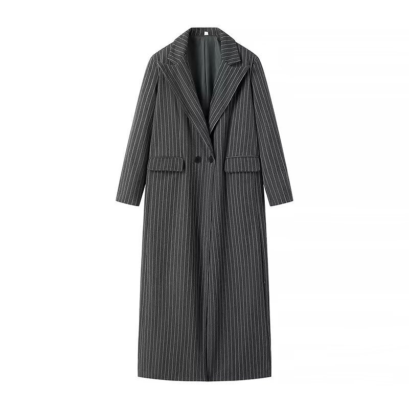 Women Longline Wool Blend Coat with Pinstripes, Tailored Lapel and Flap Pockets Mune Fashion