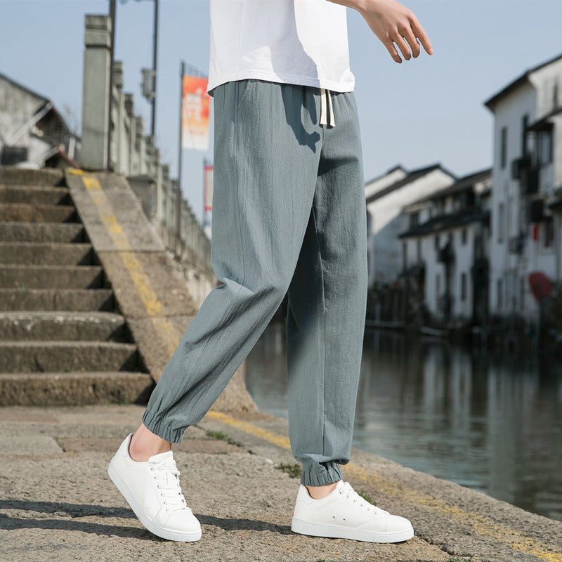 Men's Nan Tapered Linen-Cotton Joggers with Drawstring, Elastic Ankle Cuffs and Slim Silhouette Mune Fashion