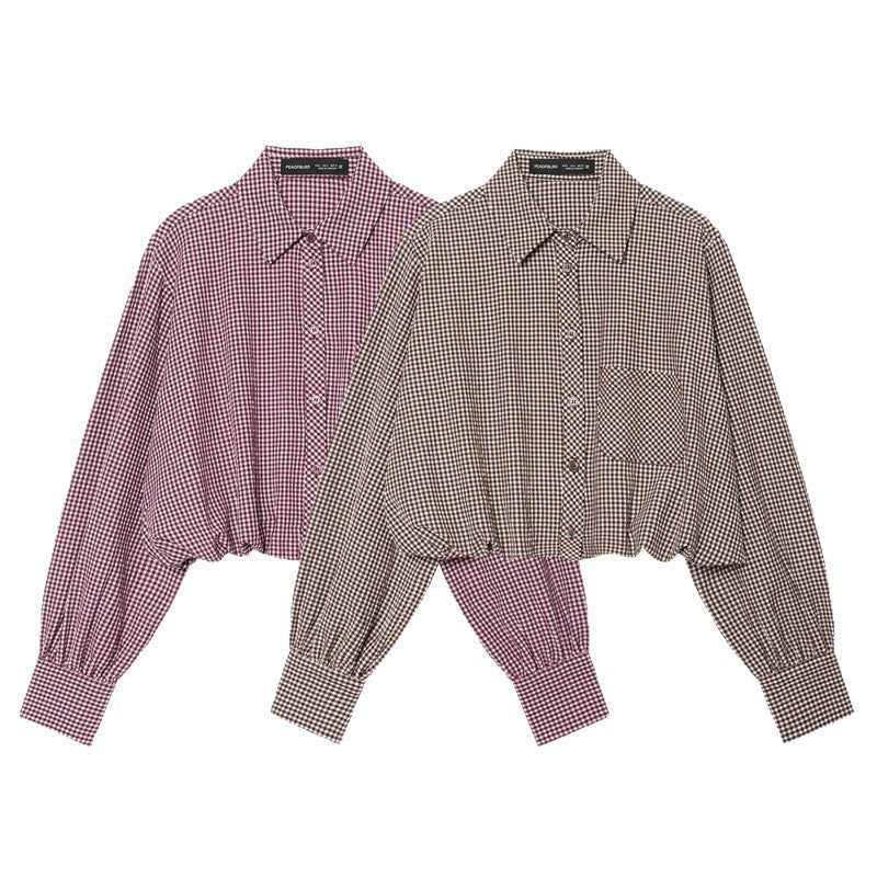 Ladies Short-Cut Checked Blouse with Balloon Sleeves, Elastic Hem and Breast Pocket Mune Fashion