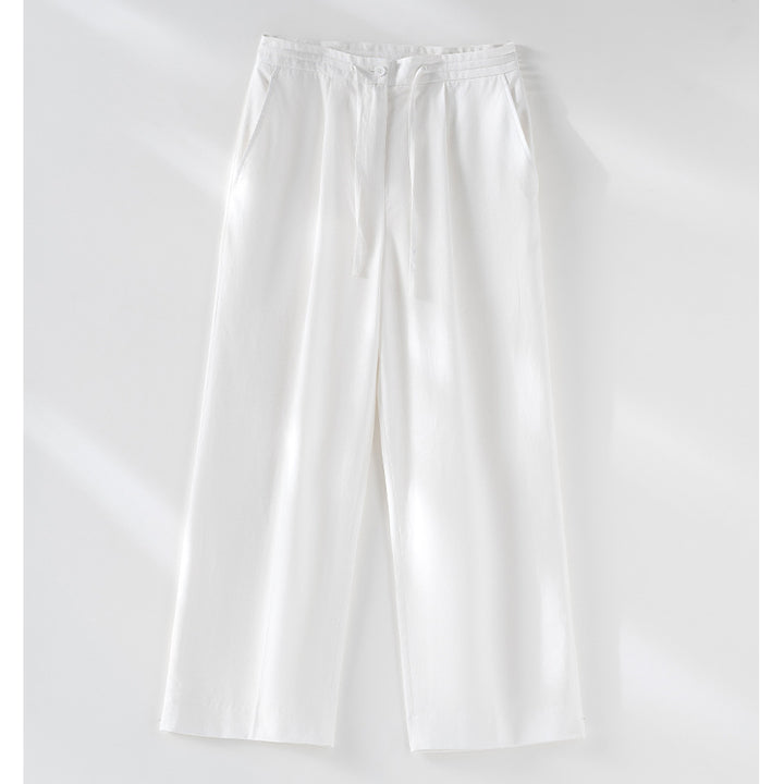 Ladies culotte-like linen trousers with drawstring, pleats and straight leg Mune Fashion