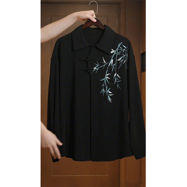 Women's Lightweight Long Sleeve Blouse with Shirt Collar, Decorative Knot Closure and Bamboo Print Mune Fashion