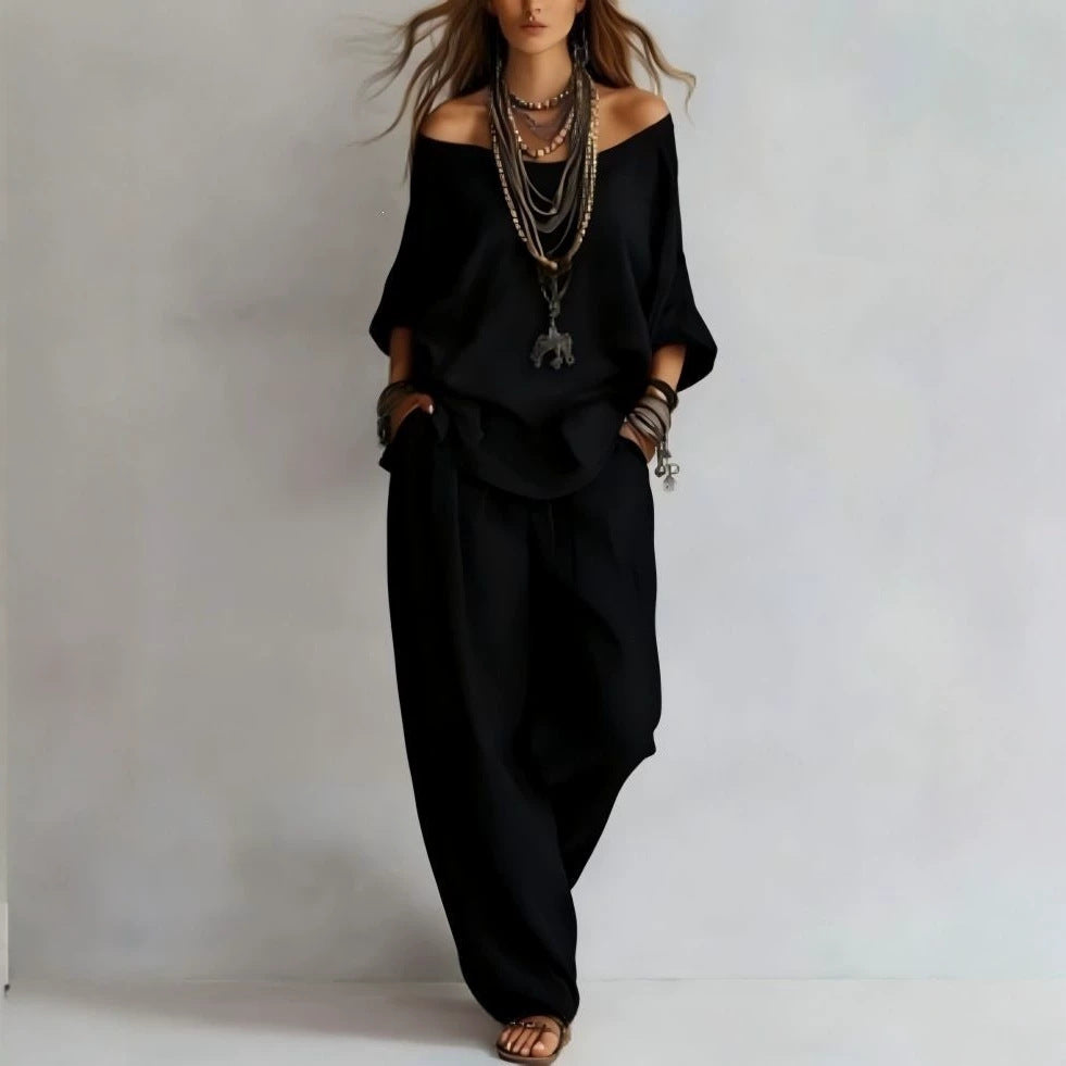 Women's Casual Lightweight Lounge Set with Off-the-Shoulder Neckline and Palazzo Pants Mune Fashion