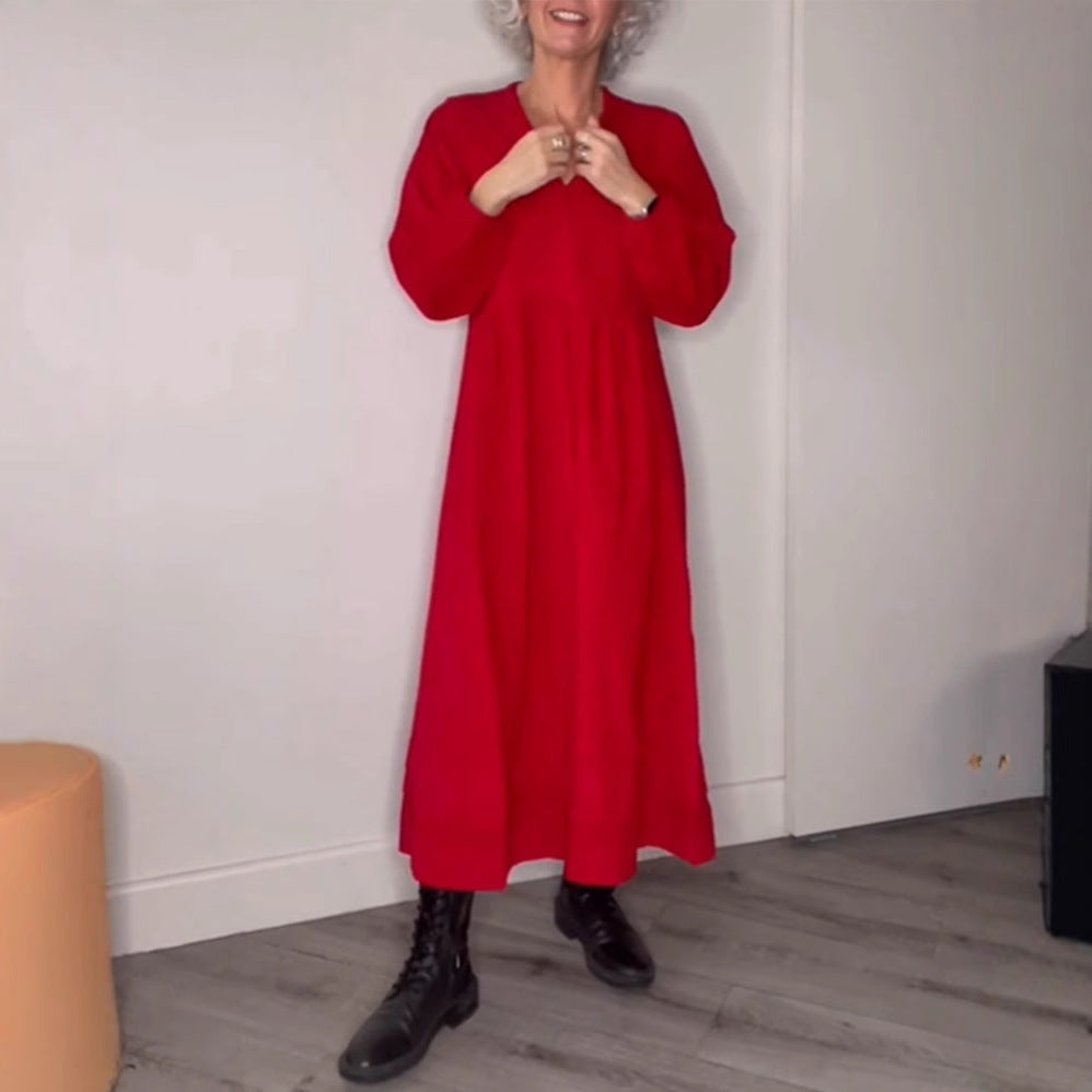 Women's Casual Viscose Maxi Dress with V-Neck, Waist Seam, and Balloon Sleeves Mune Fashion