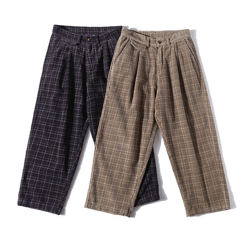 Men's Wide Cord Pants with Pleats, Cropped Cut and Check Pattern Mune Fashion