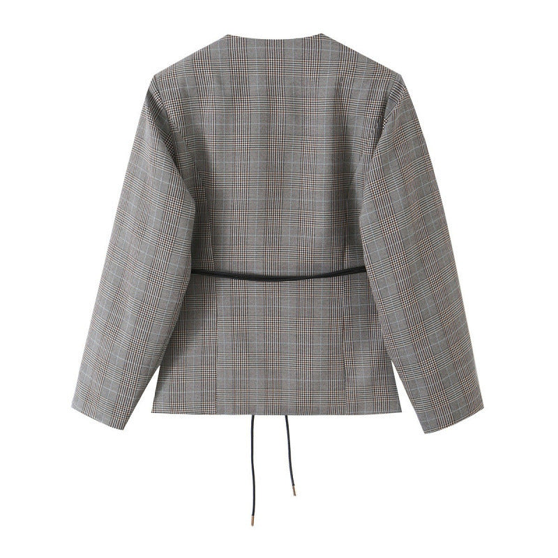 Women tailored glencheck blazer jacket with V-neck and tie waist Mune Fashion
