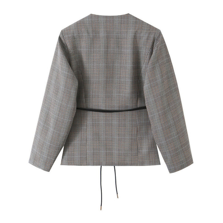 Women tailored glencheck blazer jacket with V-neck and tie waist Mune Fashion