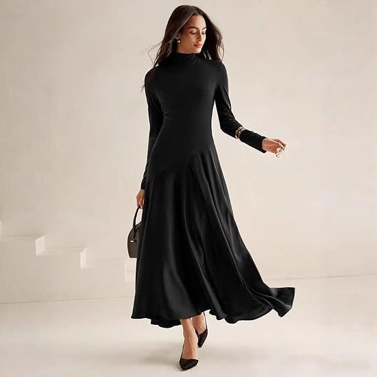 Women Elegant Long Sleeve Maxi Dress with High Neck and Flowing Skirt Mune
