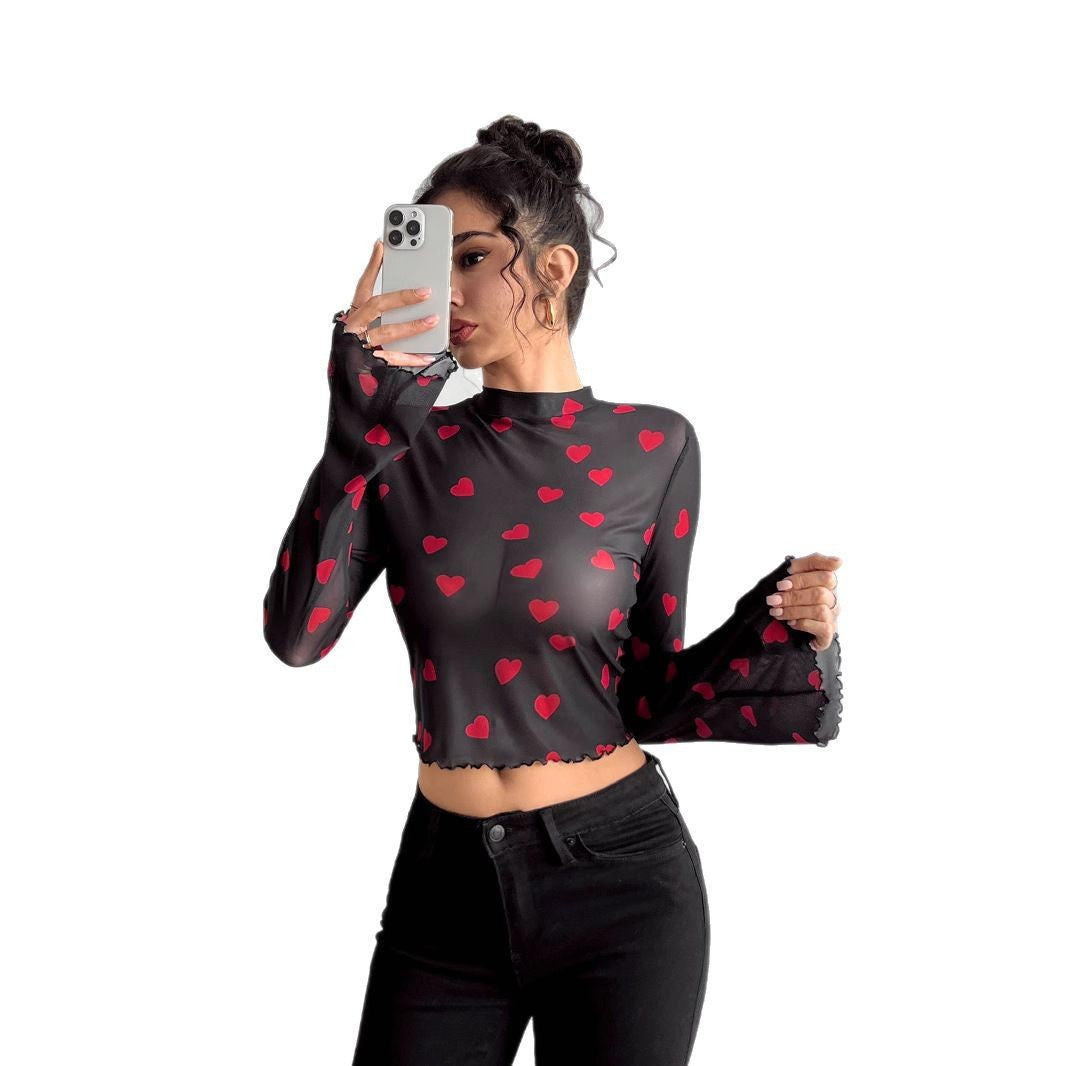 Women's transparent Paisley mesh crop top with high collar, trumpet sleeves, and wavy hem Mune Fashion