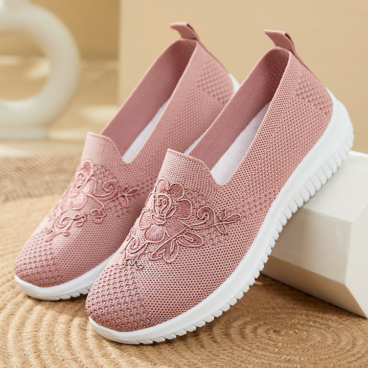 Women's elegant knitted slippers with floral embroidery, elastic entry, and feather-light EVA outsole Mune Fashion