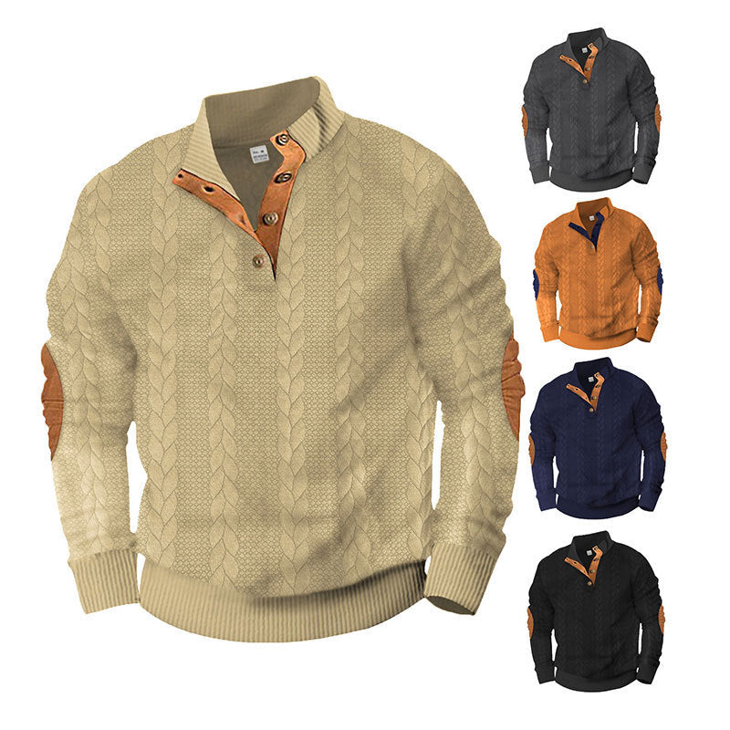 Men's cable knit sweater with stand-up collar, button placket & elbow patches Mune Fashion