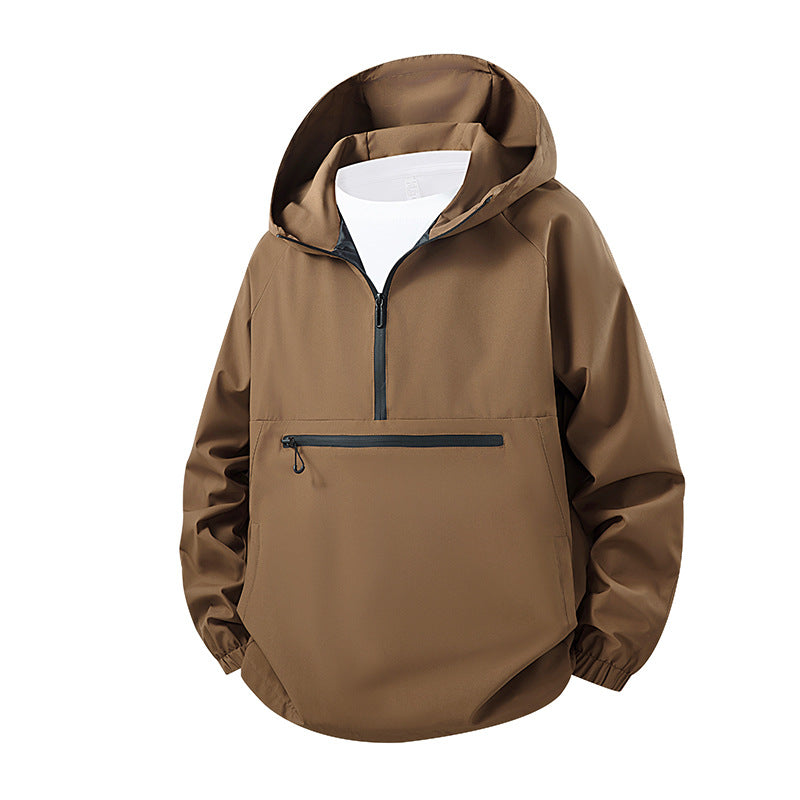 Unisex Lightweight Water-Repellent Hooded Anorak with Half-Zip and Front Zipper Pocket Drune