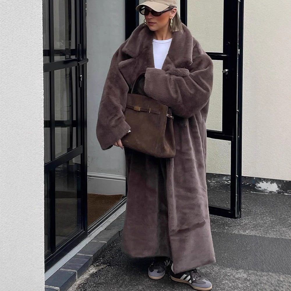 Women's Oversized Faux Fur Maxi Coat with Wide Lapels Mune Fashion