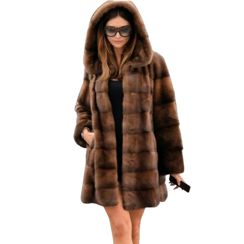Women's Fashionable Faux Fur Coat with Hood and Cozy Lining Mune