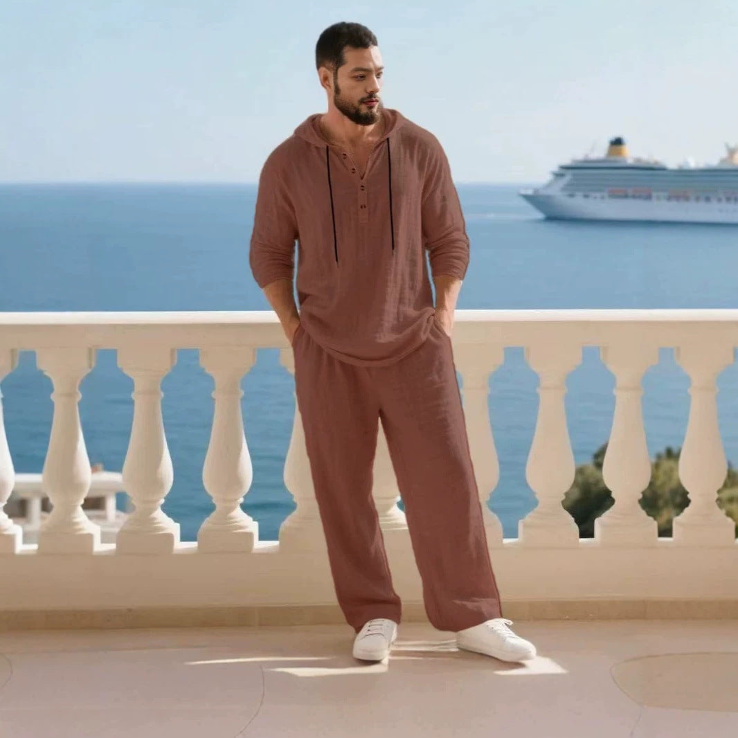 Men's casual linen two-piece set with hooded Henley-style shirt and loose-fitting leisure pants Mune Fashion