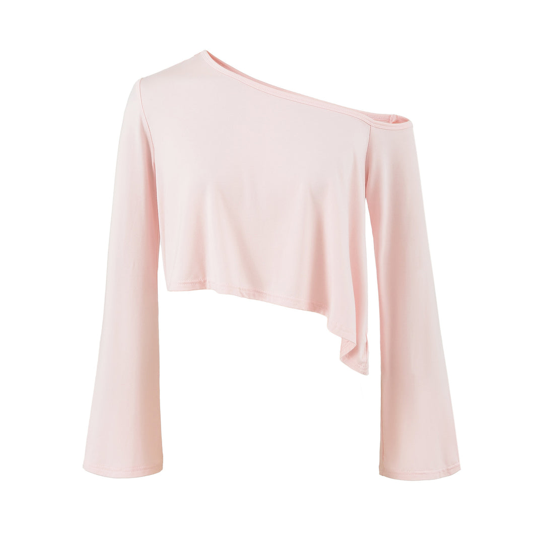 Ladies One-Shoulder Crop Top with Asymmetric Hem and Flared Sleeves Mune Fashion
