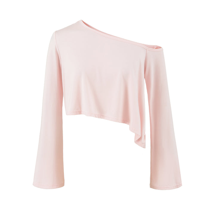 Ladies One-Shoulder Crop Top with Asymmetric Hem and Flared Sleeves Mune Fashion