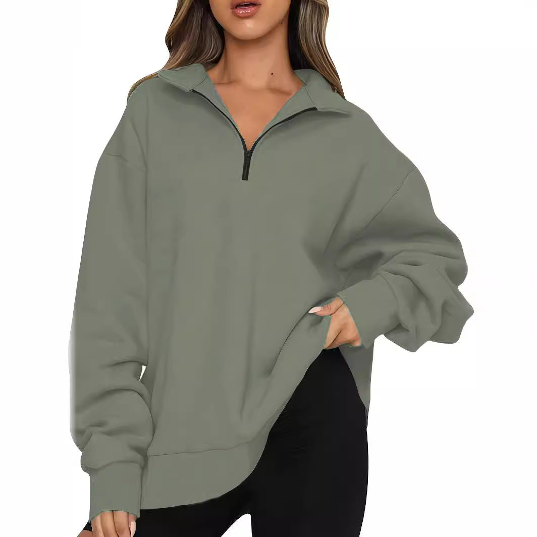 Women nan Oversized Sweatshirt with Short Zip, Stand-up Collar and Kangaroo Pocket Mune Fashion