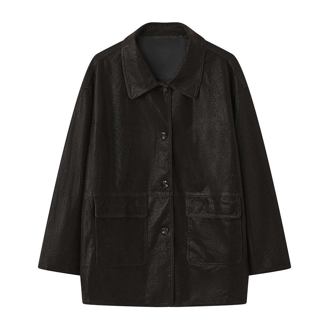 Women Oversized Faux Leather Shirt Jacket with Wide Collar and Flap Pockets Mune Fashion