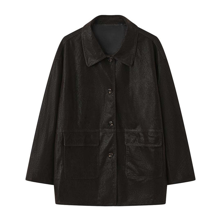 Women Oversized Faux Leather Shirt Jacket with Wide Collar and Flap Pockets Mune Fashion