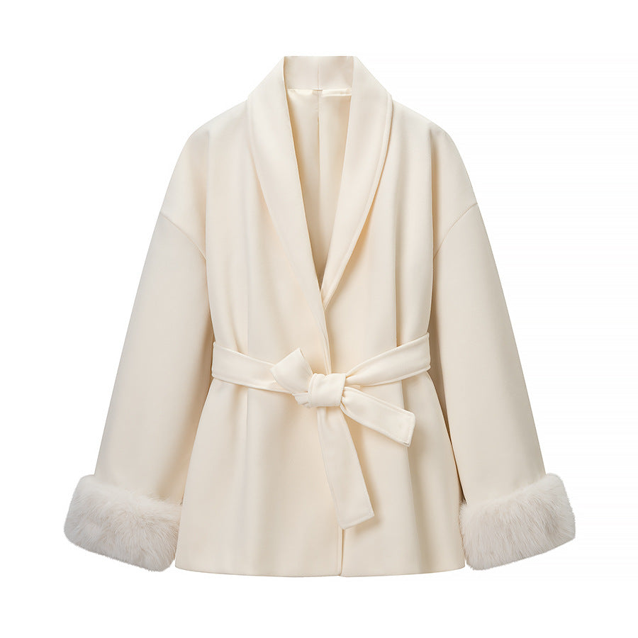 Women’s Wrap Coat with Tie Belt and Fur Trim on the Sleeves Mune Fashion