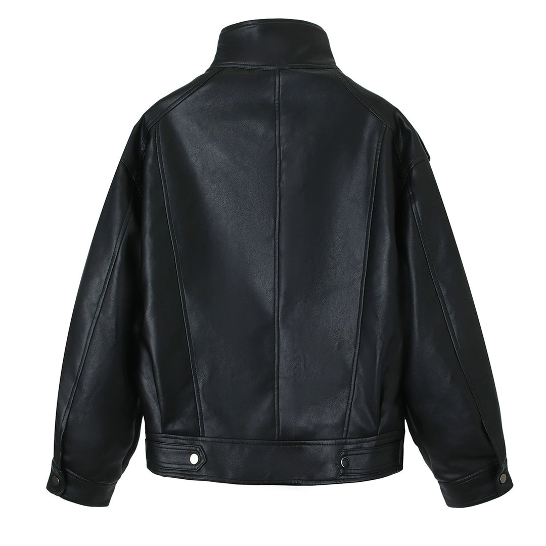 Women Oversized Leather Jacket with High Stand-Up Collar and Shoulder Patches Mune Fashion
