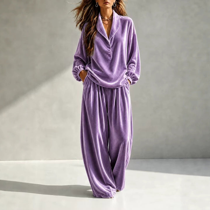 Women's Luxurious Velour Loungewear Set with Shawl Collar and Wide Palazzo Pants Mune Fashion