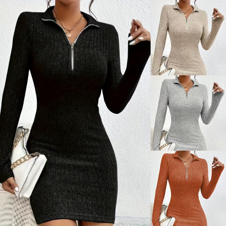 Women Figure-hugging Ribbed Knit Midi Dress with Half Zipper Collar Mune Fashion
